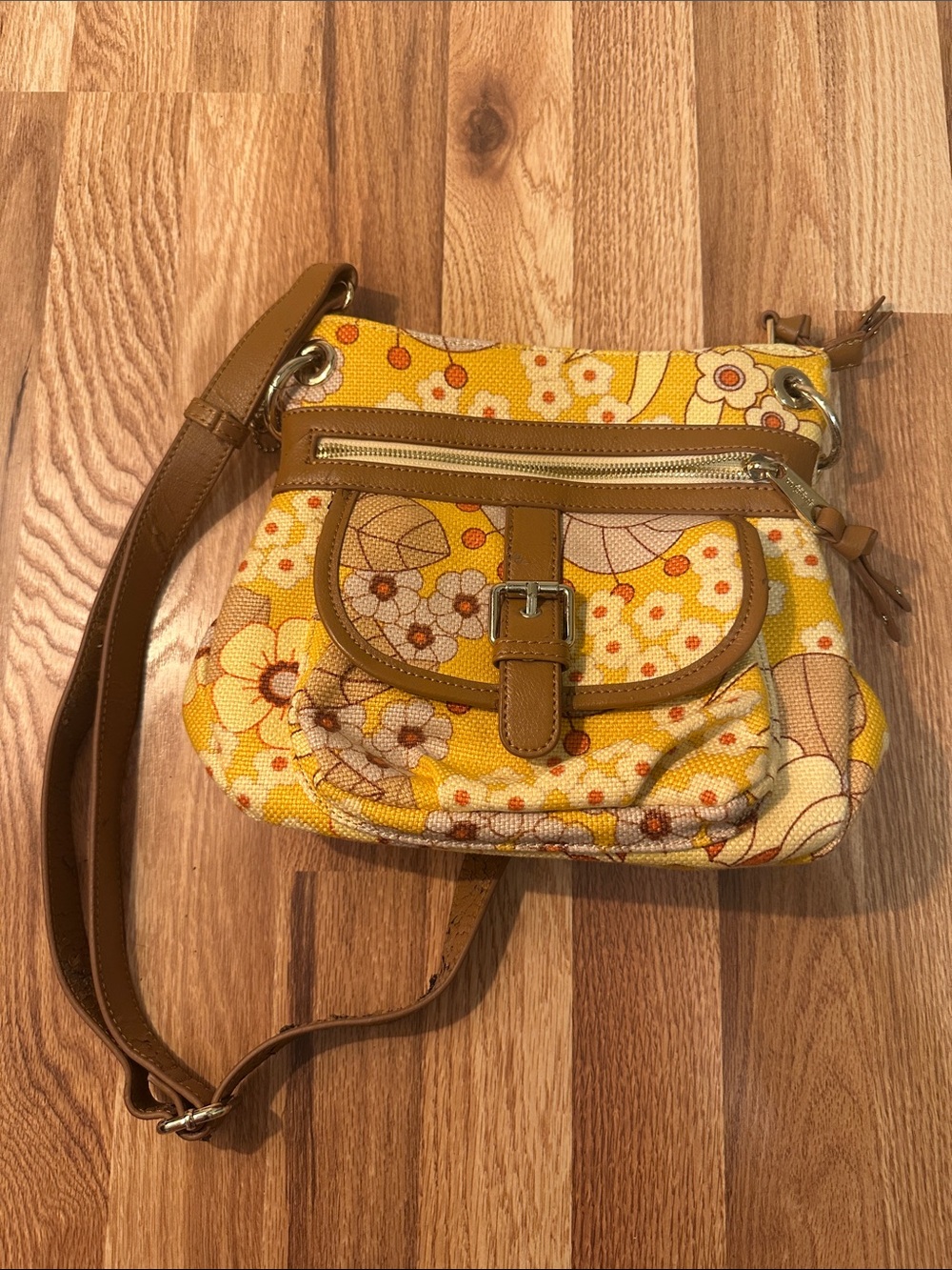Spartina 449 Yellow Floral Canvas Crossbody Bag with Tan Trim leather and linen